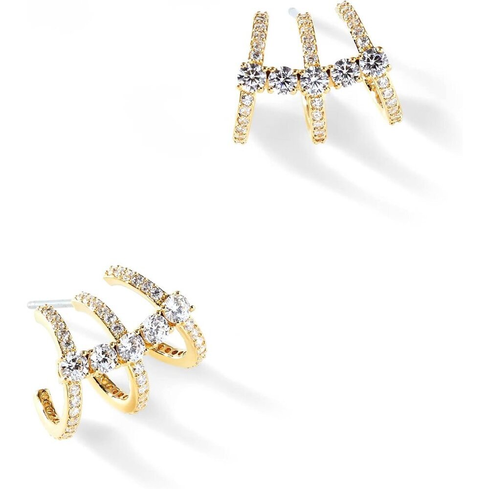14k Gold Plated Triple Hoop Illusion Stud Earrings Hypoallergenic Luxury